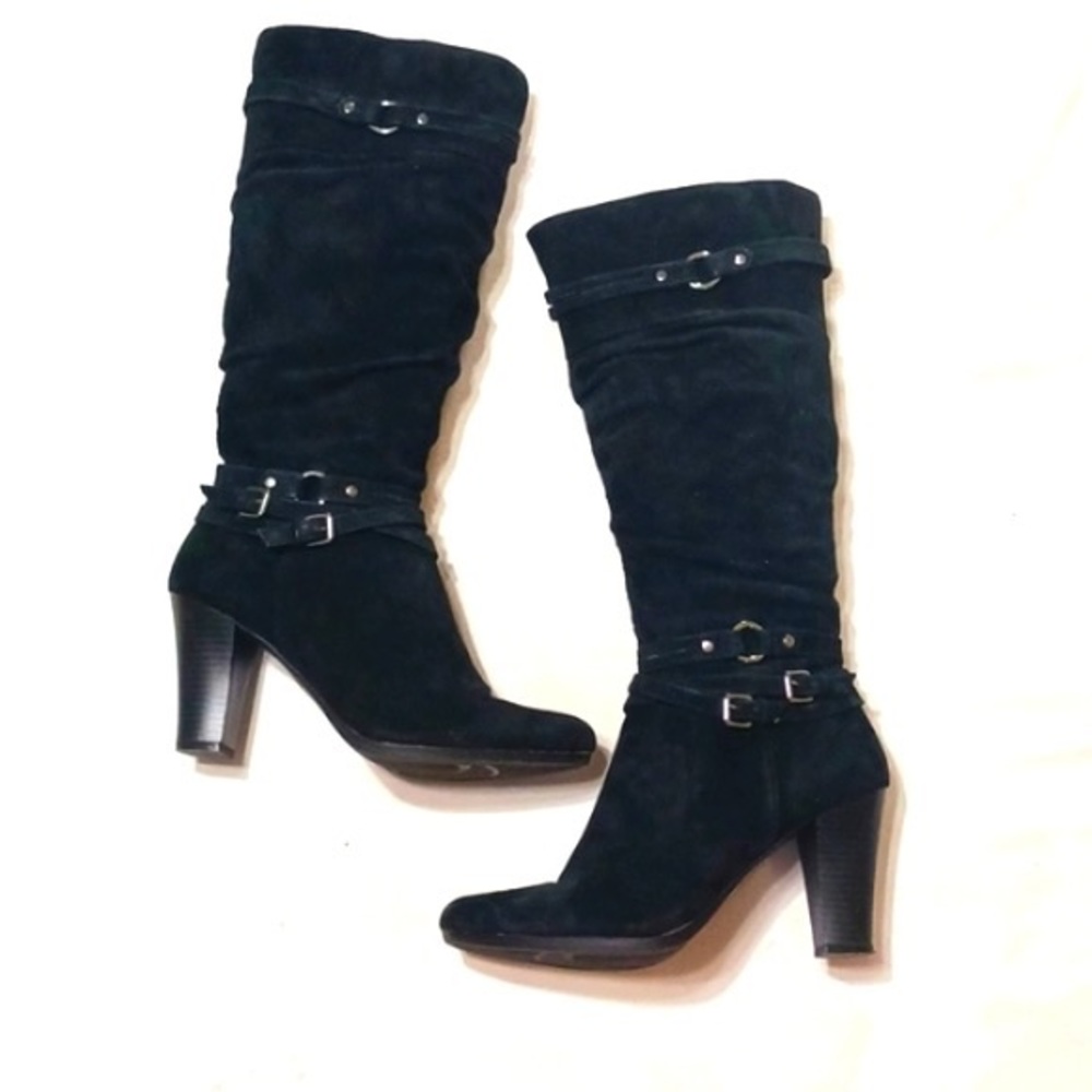 White Mountain Black Suede Heeled Knee High Boots with Silver hardware Detail